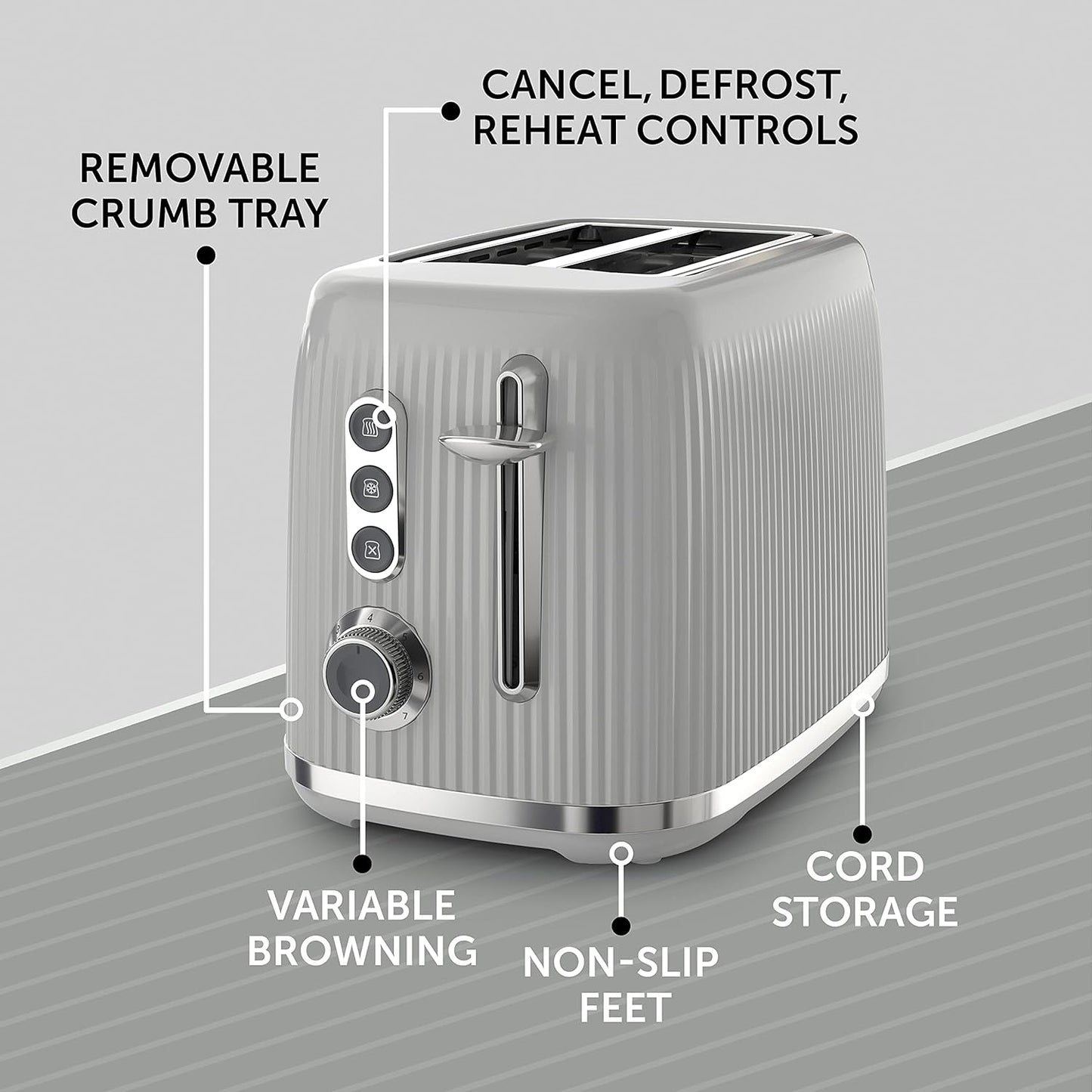 Bold Ice Grey 2-Slice Toaster with High-Lift & Wide Slots | Grey & Silver Chrome [VTR002]