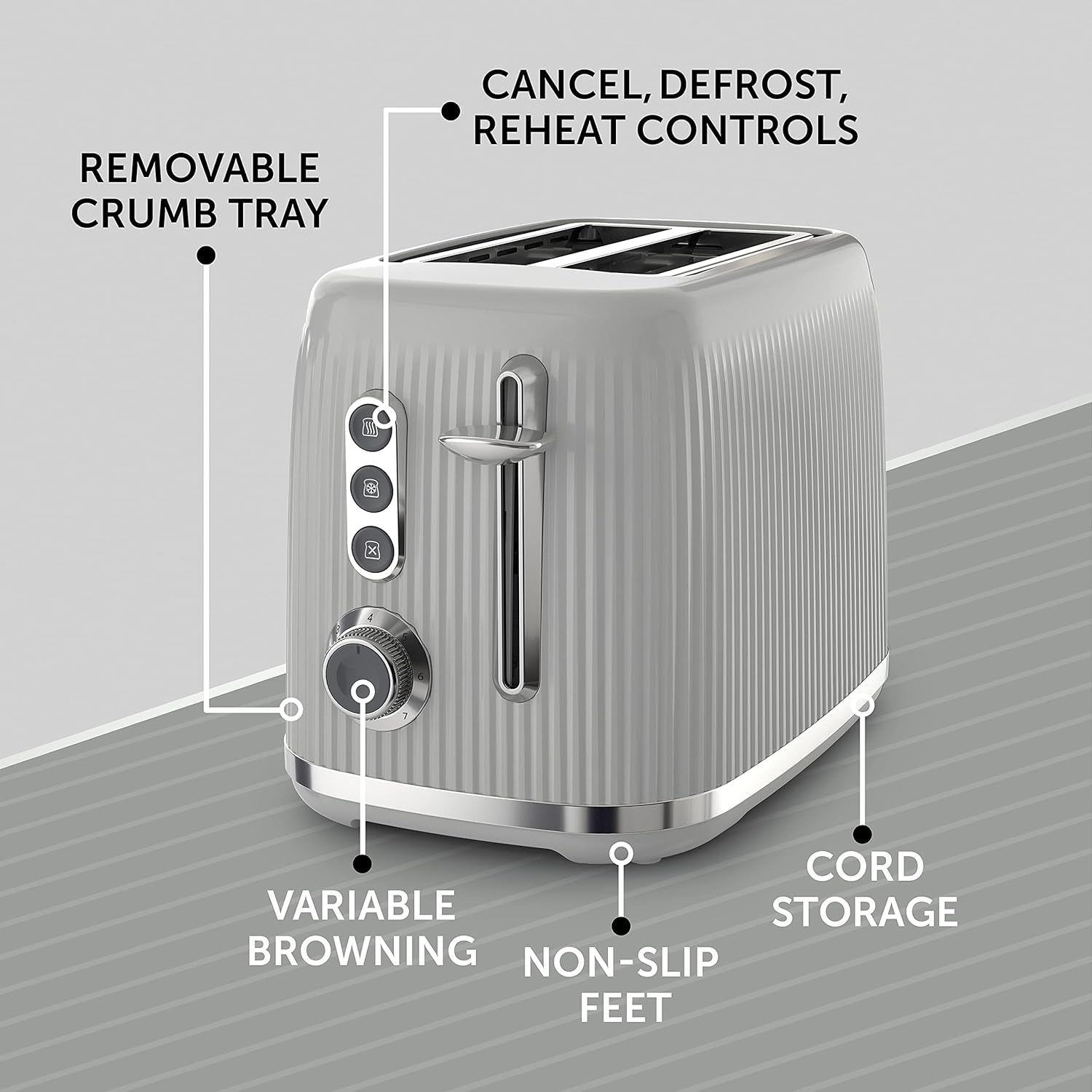 Bold Ice Grey 2-Slice Toaster with High-Lift & Wide Slots | Grey & Silver Chrome [VTR002]