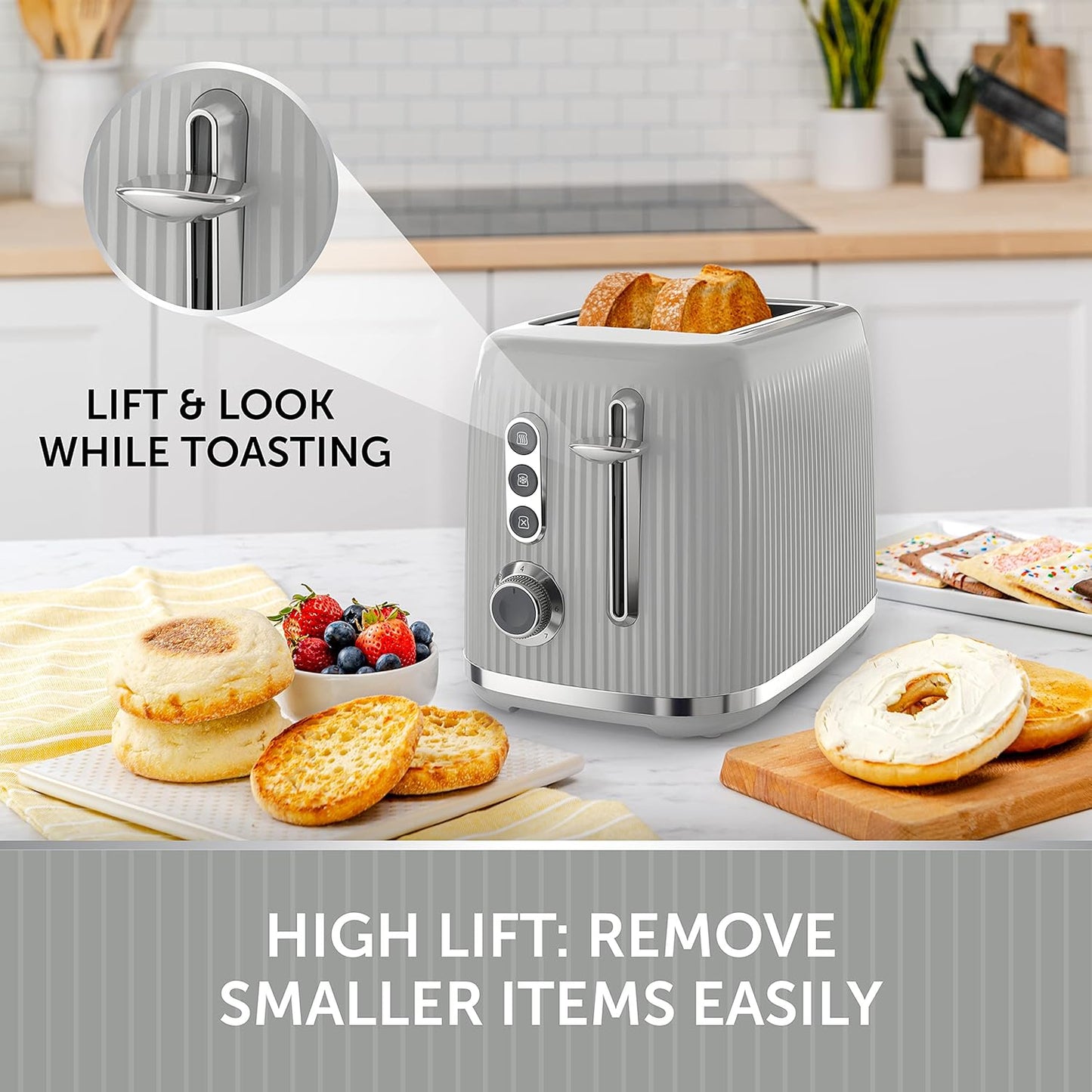 Bold Ice Grey 2-Slice Toaster with High-Lift & Wide Slots | Grey & Silver Chrome [VTR002]